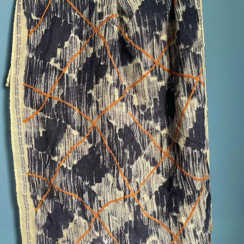 Anna Kaszer Paris NWT Lightweight Wool Scarf Navy Blue Orange Cream 20 x 64